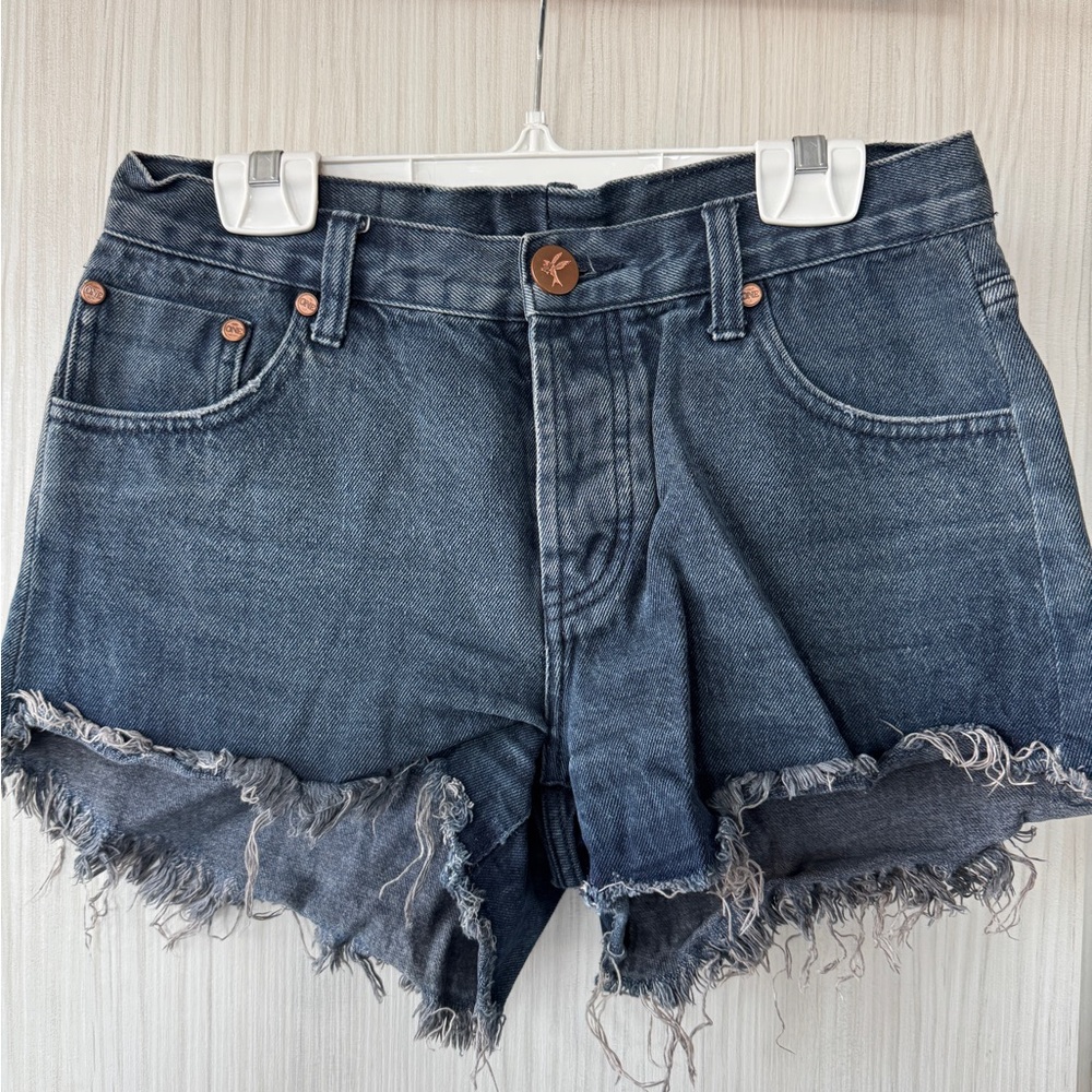 Blue Jean Shorts with Frayed Hem and Vintage Look